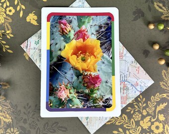 Blooming Prickly Pear Cactus Photo Card, Up-cycled Map Envelope