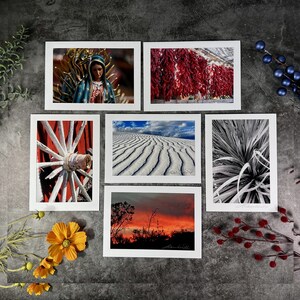 New Mexico Southwest Photo Cards, Set of 6, Art Greeting Cards, Handmade Upcycled Map Envelopes, White Sands Madonna Photography Prints