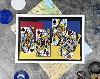 Queen of Hearts Playing Card Art, Handmade Greeting Card