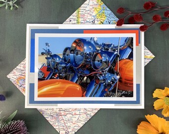 Orange Motorcycle Photo Card, Handmade Recycled Map Envelope