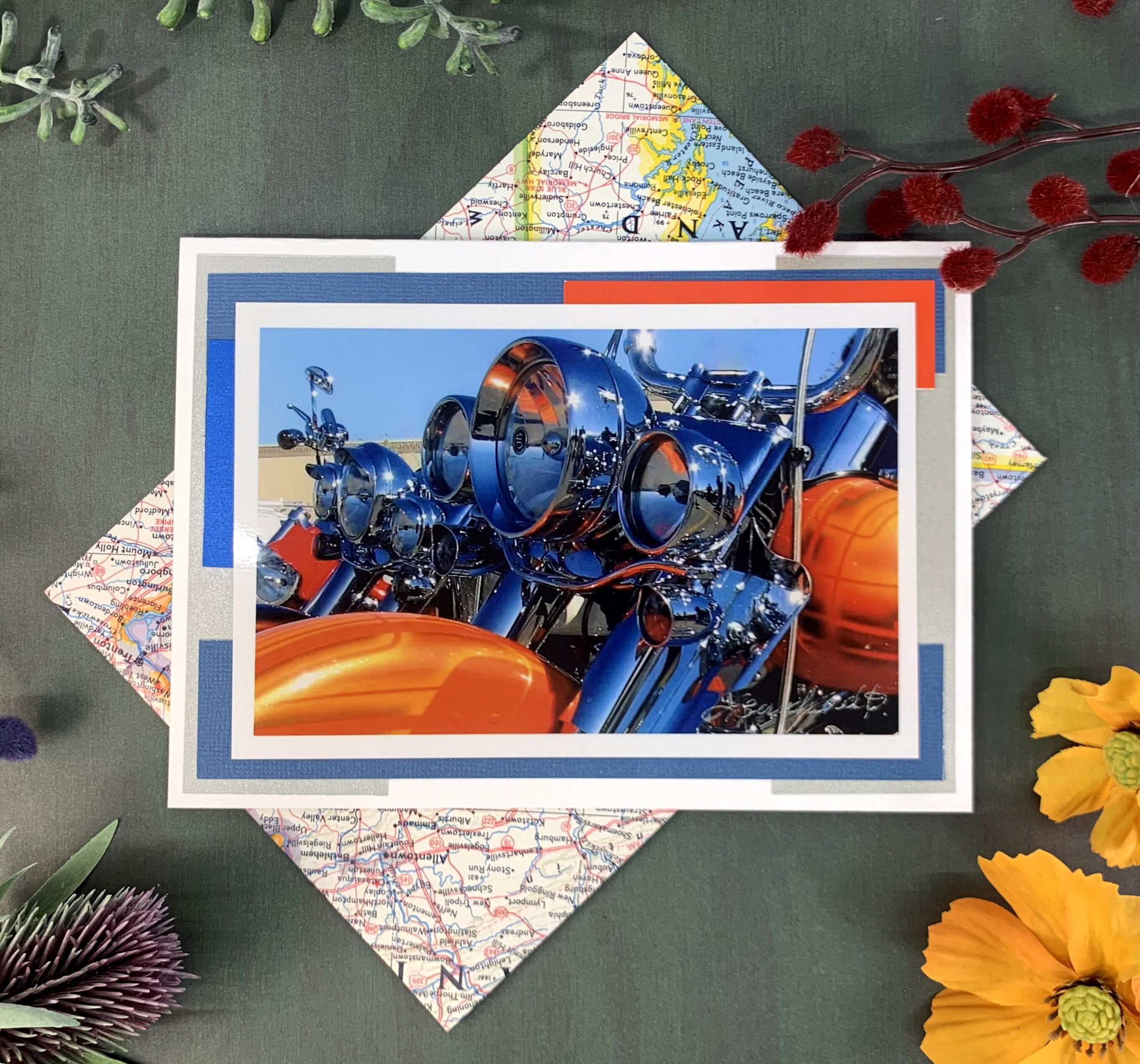 Orange & Chrome Motorcycle Photo Greeting Card, Harley Enthusiast