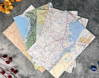 Recycled Map Paper Envelopes,  Lined Handmade Stationary, 5"x7", Set of 5, Size A7
