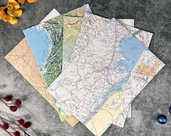 Recycled Map Paper Envelopes, Handcut handfolded upcycled map lined handmade stationary envelopes, Setof 5, Size A7 will fit anything 5x7"