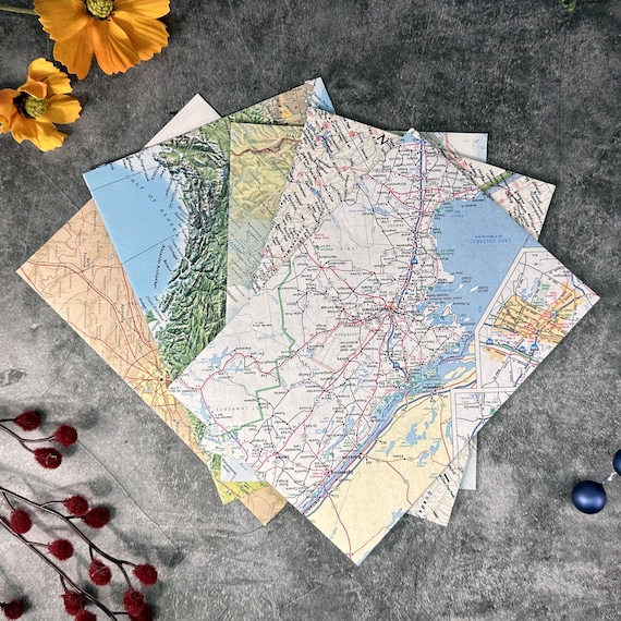 Recycled Map Paper Envelopes,  Lined Handmade Stationary, 5"x7", Set of 5, Size A7