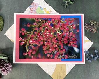 Pink Pepper Berries Photo Card, For the Love of Pink Note Card, Nature Notecard, Pink & Blue Greeting Card, Handmade Recycled Paper Envelope