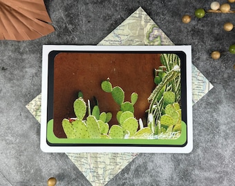 Prickly Pear Cactus Photo Card, Sunny Adobe Wall, Handmade Note Card, Upcycled Map Paper Envelope