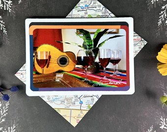 Wine and Guitar Photo Greeting Card, New Mexico Art, Upcycled Map Envelope