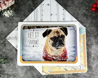 Red Sweater Pug Christmas Card, Up-cycled Music Sheet Envelope