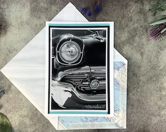 Antique Car Photo Greeting Card, Father's Day, Mechanic Gift, Upcycled Map Envelope