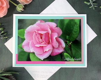 Pink Rose Flower Photo Card, Botanical Note Card, Handmade Envelope