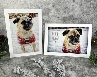 Pug Christmas Photo Card, Rhea the Pug in Snow, Upcycled Envelope
