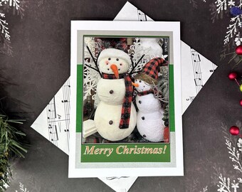 Snowmen Merry Christmas Photo Card, Upcycled Music Sheet Envelope