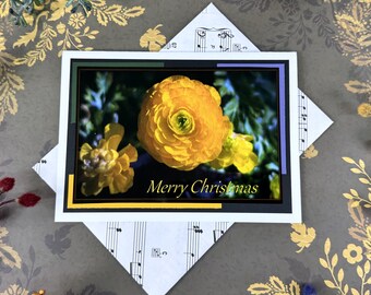 Yellow Flowers Christmas Photo Card, Handmade Music Sheet Envelope