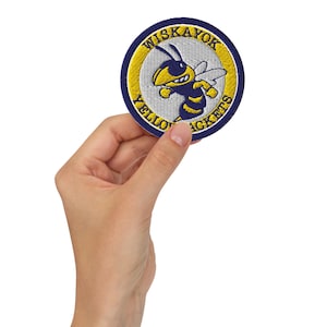 Könnte beinhalten: Ein runder, gestickter Aufnäher mit einem gelben und schwarzen Wespenmaskottchen. Der Aufnäher hat einen blauen Rand mit dem Text "Wisakoy Yellow Jackets" in Gelb.