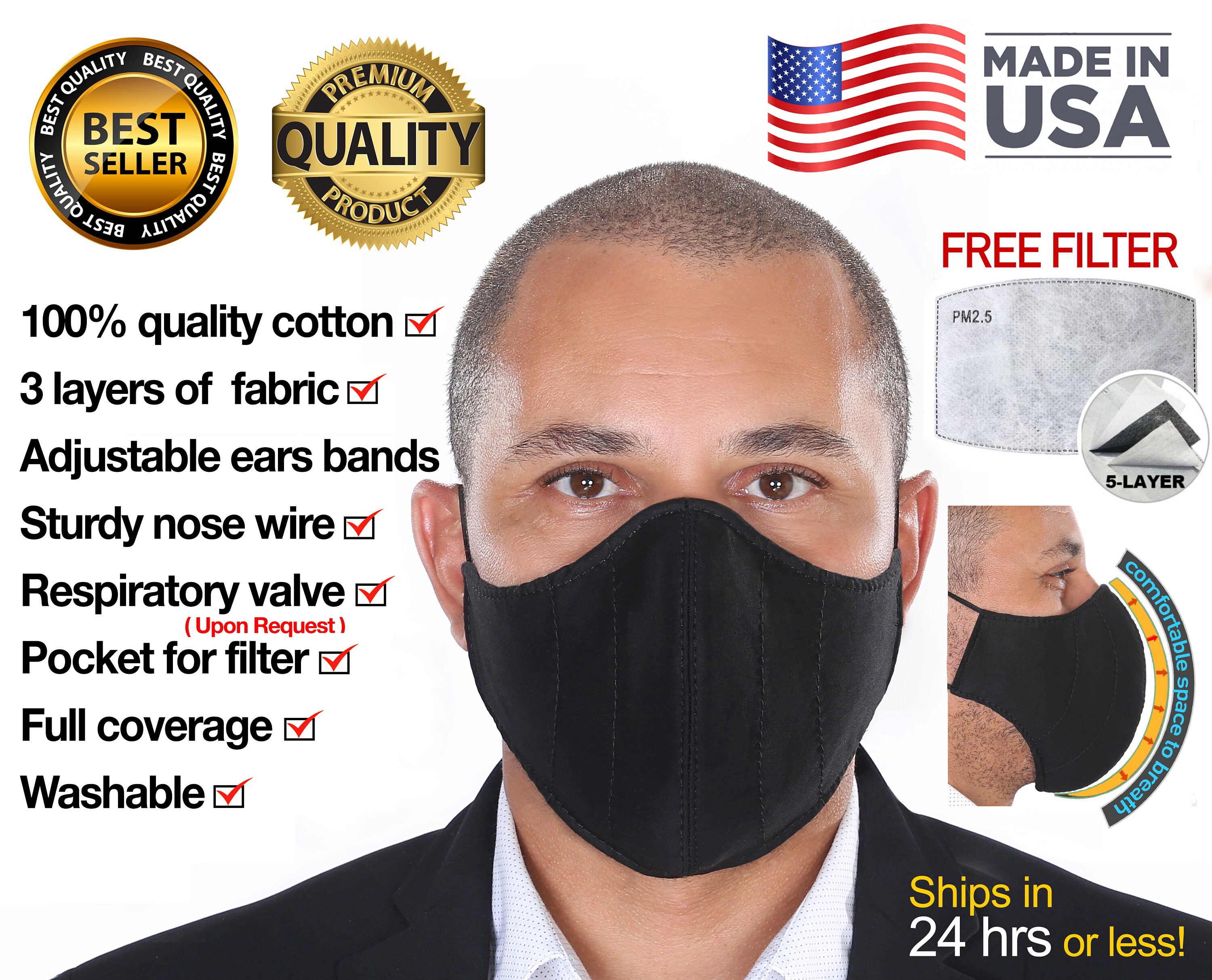 Extra Large XL - XXL - 1XL-Face Mask made with THREE cotton layers pl…