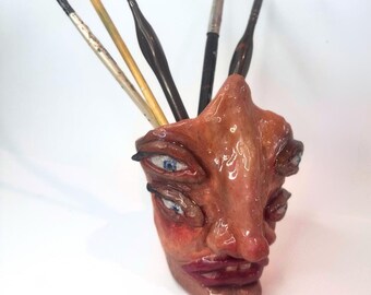 Weird Sculpture Pot Art, Creepy Monster Sculpture Art, Polymer Clay pot, Human Face Sculpture Art, Ugly Pot
