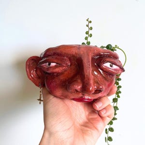 May include: A red clay planter shaped like a human face with a small plant growing out of the top. The face has exaggerated features, including large eyes, a wide nose, and a slightly open mouth. The planter has a small gold earring.