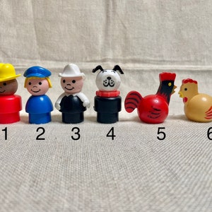 Vintage Fisher-Price Plastic Little People, Red Farmer, Blue Policewoman, Fireman, Firefighter, Dog, Red Rooster, Chicken