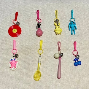 Vintage 80’s Retro Plastic Charms Vinyl Record, Light Bulb, Yellow Bunny, Pink Bunny, Tennis Racket, Bat & Ball, Cherries, Transformer Charm
