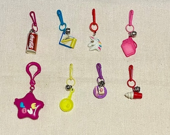 Vintage 80’s Retro Plastic Charms Coca-Cola Can, Note Pad, Unicorn, Stove, Star Mirror Locket, Frying Pan, Cake Plate, Ice Cream Cone Charm