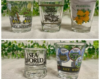 Vintage Florida Souvenir Shot Glasses Key West, Bush Gardens, Florida Oranges, Sea World Shamu,