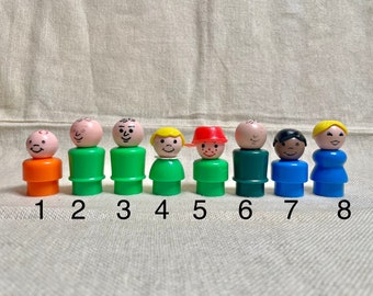 Vintage Fisher-Price Plastic Little People, Orange Boy, Green Dad, Green Girl, Green Boy, Green Dad, Blue Boy, Blue Ponytail Mom