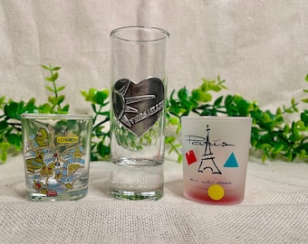 Vintage France, Paris, Versailles, England, London Souvenir Travel Shot Glasses