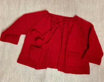 Vintage Handmade Red Knitted Unisex Baby/ Toddler Sweater With Tassels