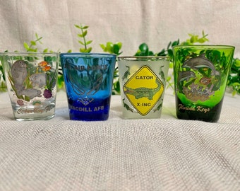 Vintage Florida, Cedar Key, US Air Force MACDILL AFB, Gator X-ing, Florida Keys, Souvenir Travel Shot Glasses