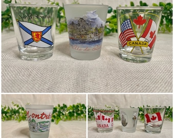 Vintage Canadian Souvenir Shot Glasses- Nova Scotia, Ville de Quebec, US Canadian Border, Montréal, Victoria Canada, Canadian Flag