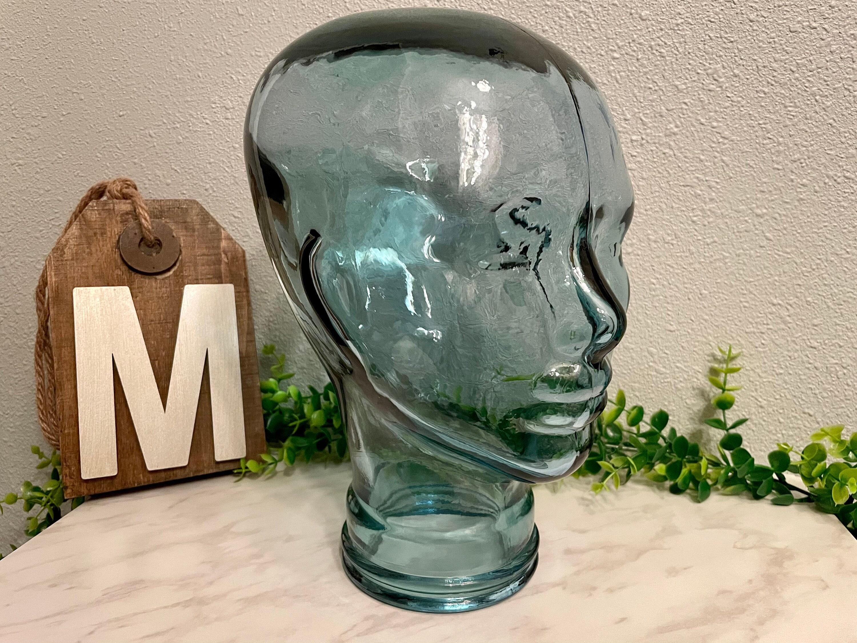 Tinted Green Glass Head Life Size Mannequin Wig or Hat Display Made in Spain