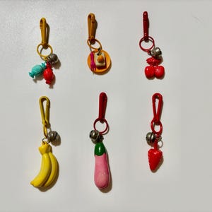 Vintage 80’s Retro Plastic Charms Candy, Cake on a Plate, Cherries, Bananas, Eggplant, Strawberry