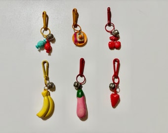 Vintage 80’s Retro Plastic Charms Candy, Cake on a Plate, Cherries, Bananas, Eggplant, Strawberry