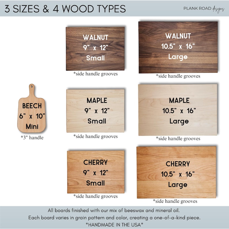 Op de afbeelding: Afbeelding van houten snijplanken in drie maten en vier houtsoorten: walnoot, esdoorn, kers en beuk. De planken zijn gelabeld met afmetingen in inches, zoals 9" x 12" en 10,5" x 16" (ongeveer 23 x 30 cm en 27 x 41 cm). De tekst luidt "handmade in the USA".