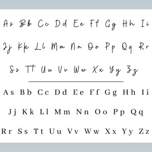 May include: A handwritten alphabet chart with uppercase and lowercase letters in cursive script. The letters are written in black ink on a white background.