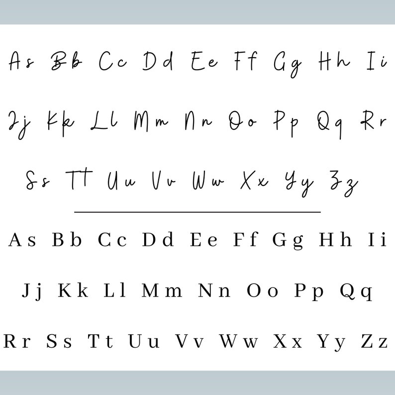 May include: A handwritten alphabet chart with uppercase and lowercase letters in cursive script. The letters are written in black ink on a white background.