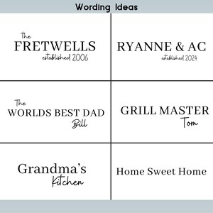 May include: A digital image with six different wording ideas for signs or banners. The first two ideas are for businesses, the next two are for individuals, and the last two are for home decor. The first idea is "The FRETWELLS established 2006". The second idea is "RYANNE & AC established 2024". The third idea is "The WORLDS BEST DAD Bill". The fourth idea is "GRILL MASTER Tom". The fifth idea is "Grandma's Kitchen". The sixth idea is "Home Sweet Home".