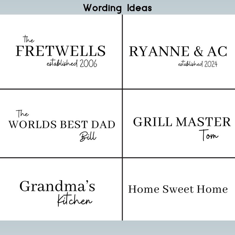 May include: A digital image with six different wording ideas for signs or banners. The first two ideas are for businesses, the next two are for individuals, and the last two are for home decor. The first idea is "The FRETWELLS established 2006". The second idea is "RYANNE & AC established 2024". The third idea is "The WORLDS BEST DAD Bill". The fourth idea is "GRILL MASTER Tom". The fifth idea is "Grandma's Kitchen". The sixth idea is "Home Sweet Home".