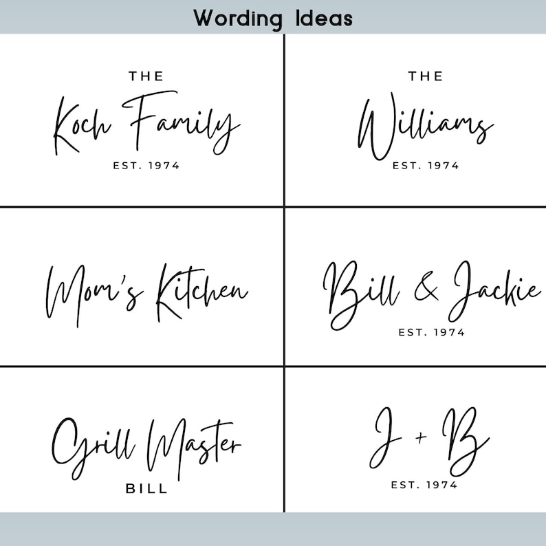 Op de afbeelding: Op een witte achtergrond staan zes voorbeelden van tekst in zwart script. De zinnen zijn onder meer "The Koch Family EST. 1974", "The Williams EST. 1974", "Mom's Kitchen", "Bill & Jackie EST. 1974", "Grill Master BILL" en "J + B EST. 1974".