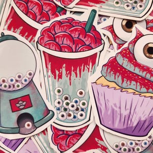 Zombie Treats Eyeball Boba Tea, Gumball Eye Machine, & Eyeball Cupcake Hand Cut Vinyl Matte Sticker