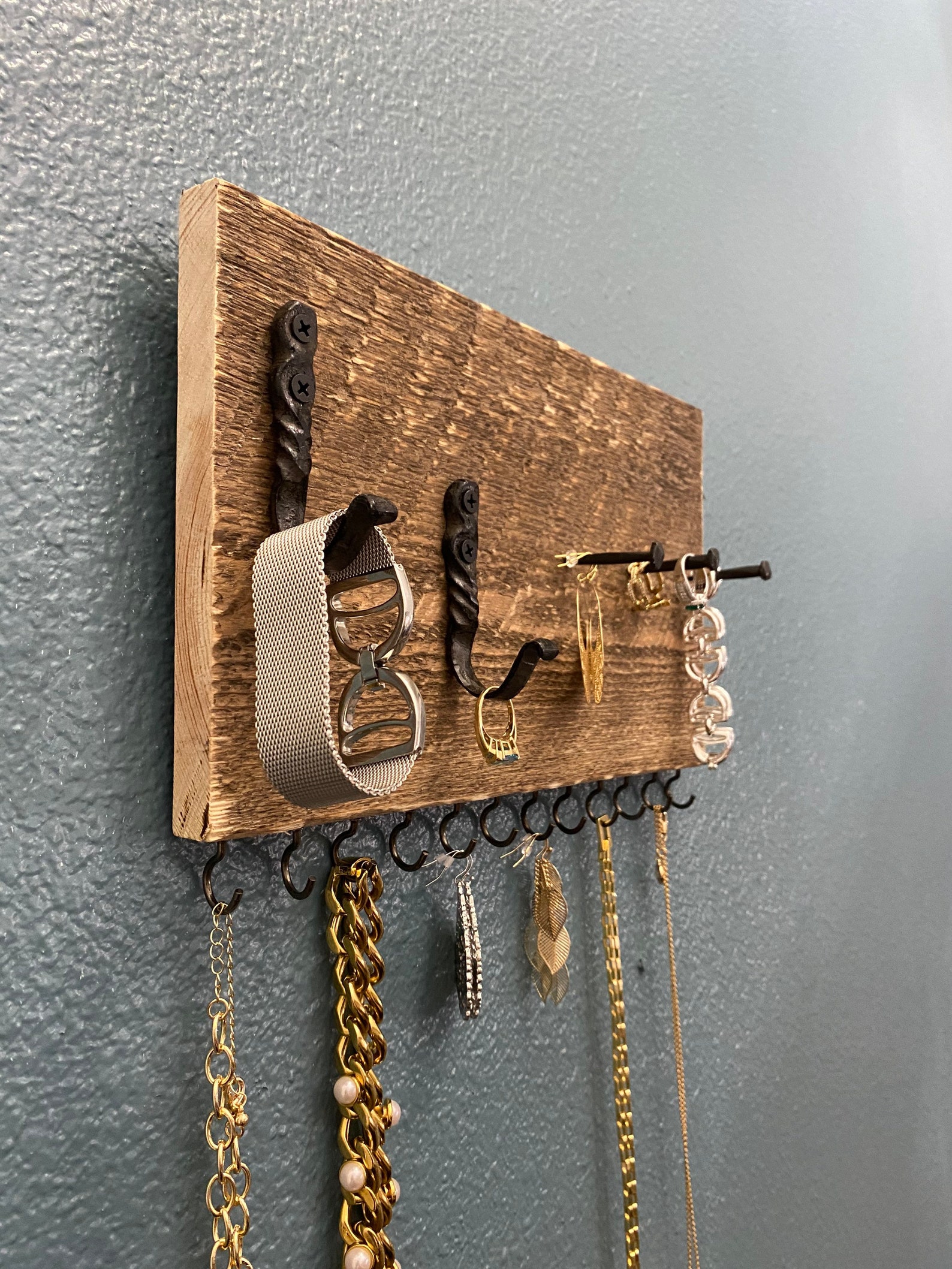 Rustic Wooden Jewelry Organizer Wall Mounted Jewelry Display Etsy