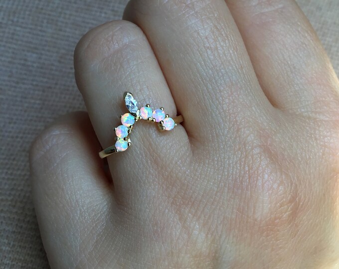 Curved White Opal Ring, Opal Stackable Ring, White Opal Ring, Stackable ...