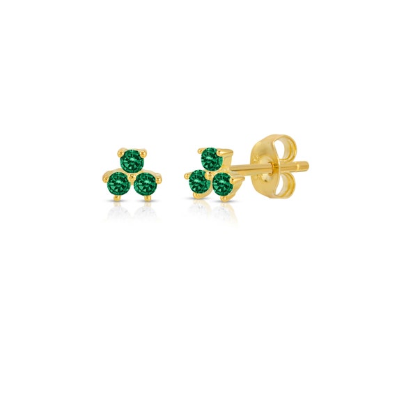 Emerald 3 Stone Stud Earrings Trio Studs Cluster Stud | Etsy