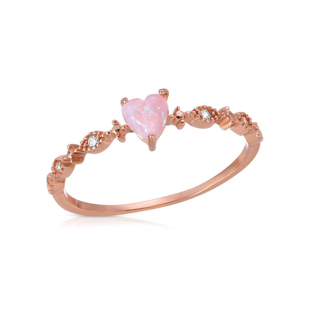 Pink Opal Heart Ring, White Opal Ring, Dainty Opal Ring, Gold Dainty