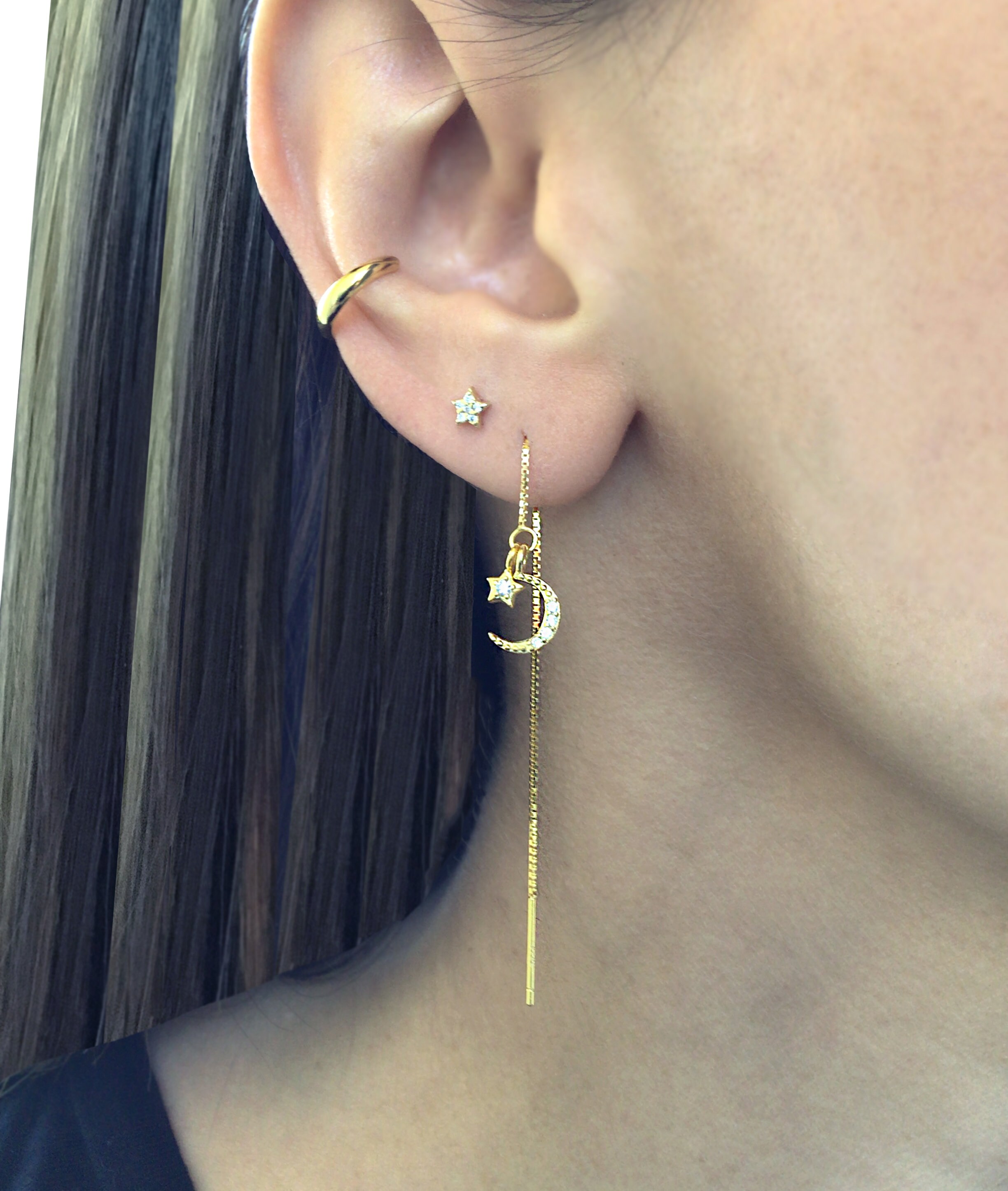 Moon and Star Threader Earrings Sterling Silver Ear Threader