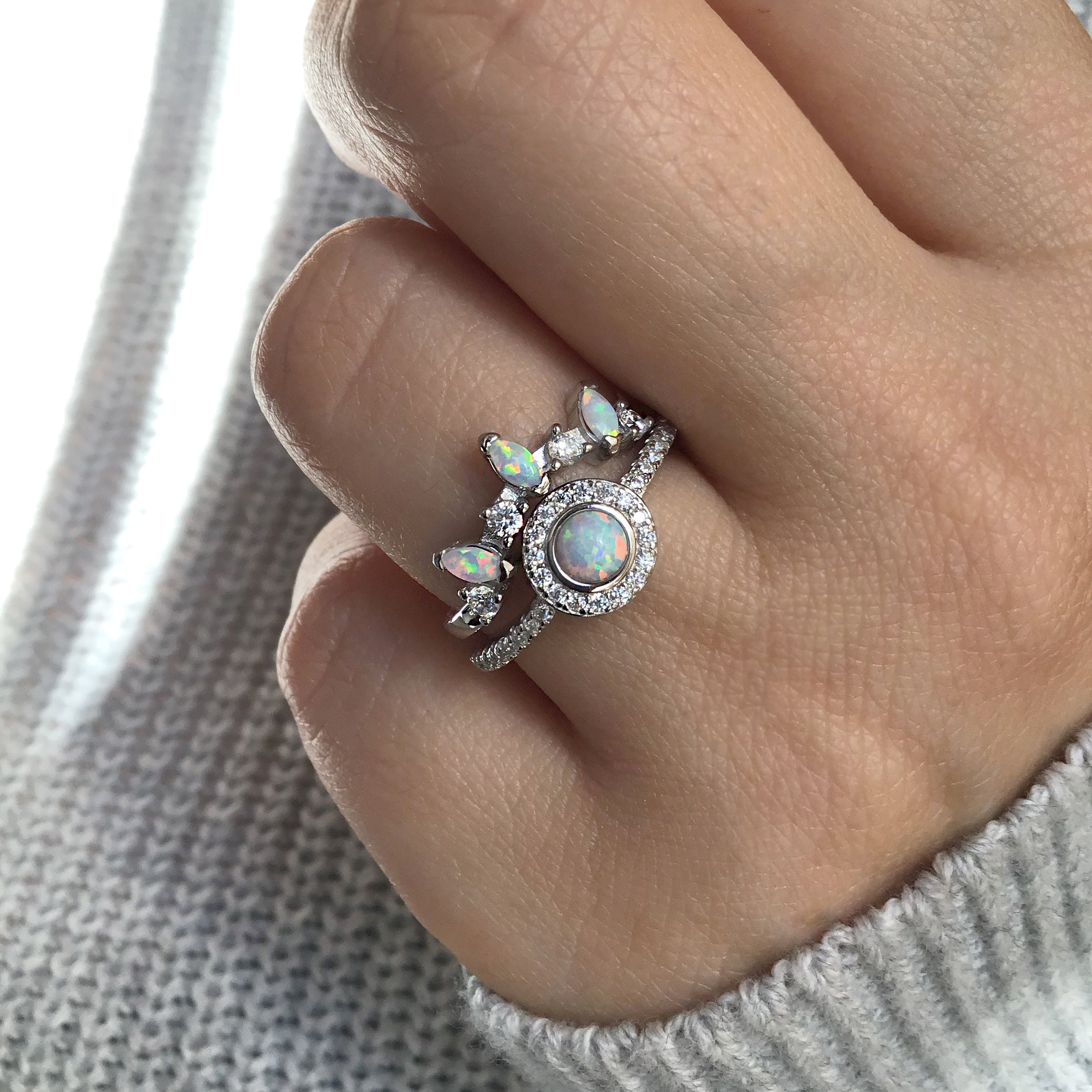 Set of 2 rings Opal rings Opal stackable rings White Opal