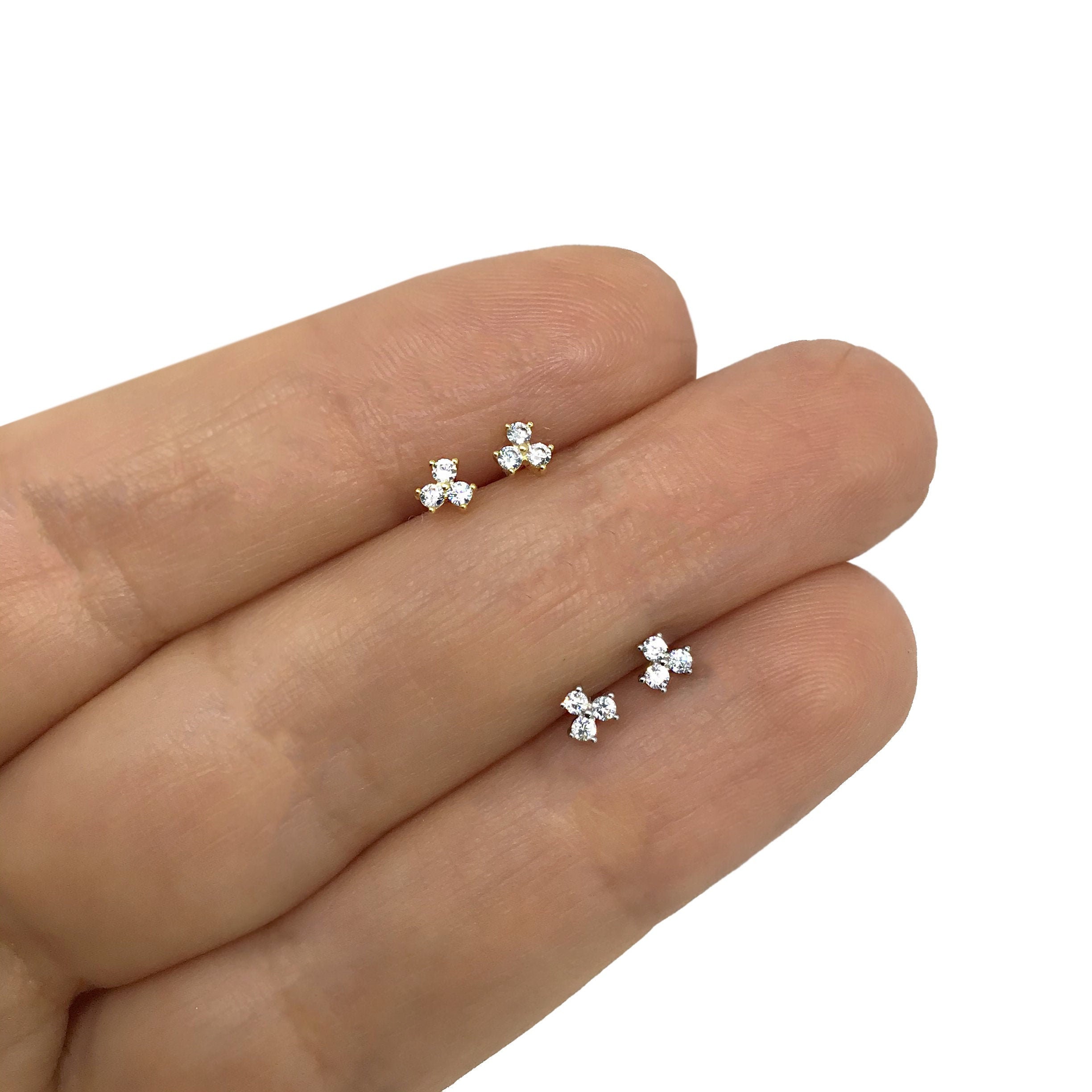 Sterling Silver 3 stone stud earrings Tiny studs small studs
