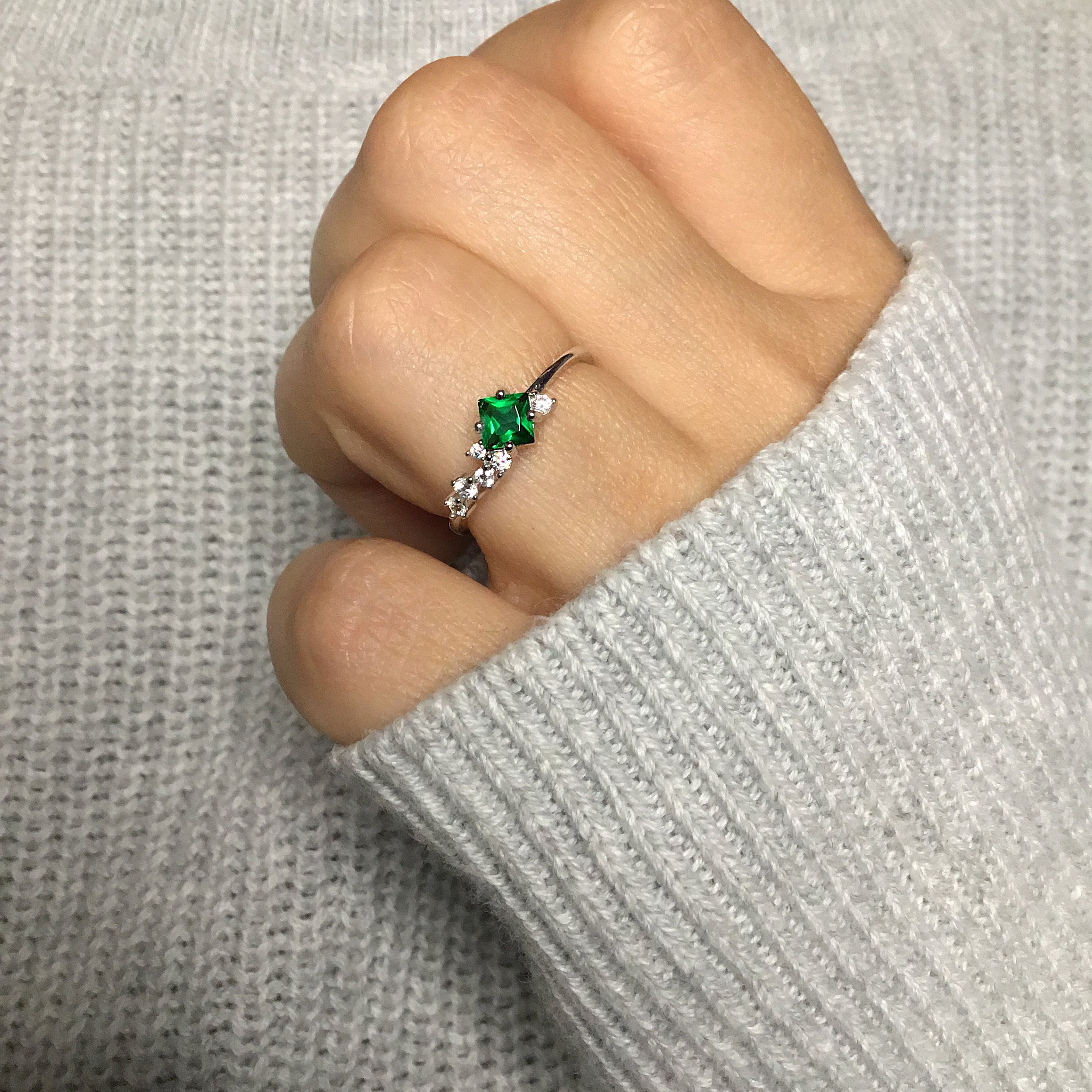Sterling Silver Green CZ ring, Emerald ring, open ring, adjustable ring, green  stone ring, dainty ring, stackable ring