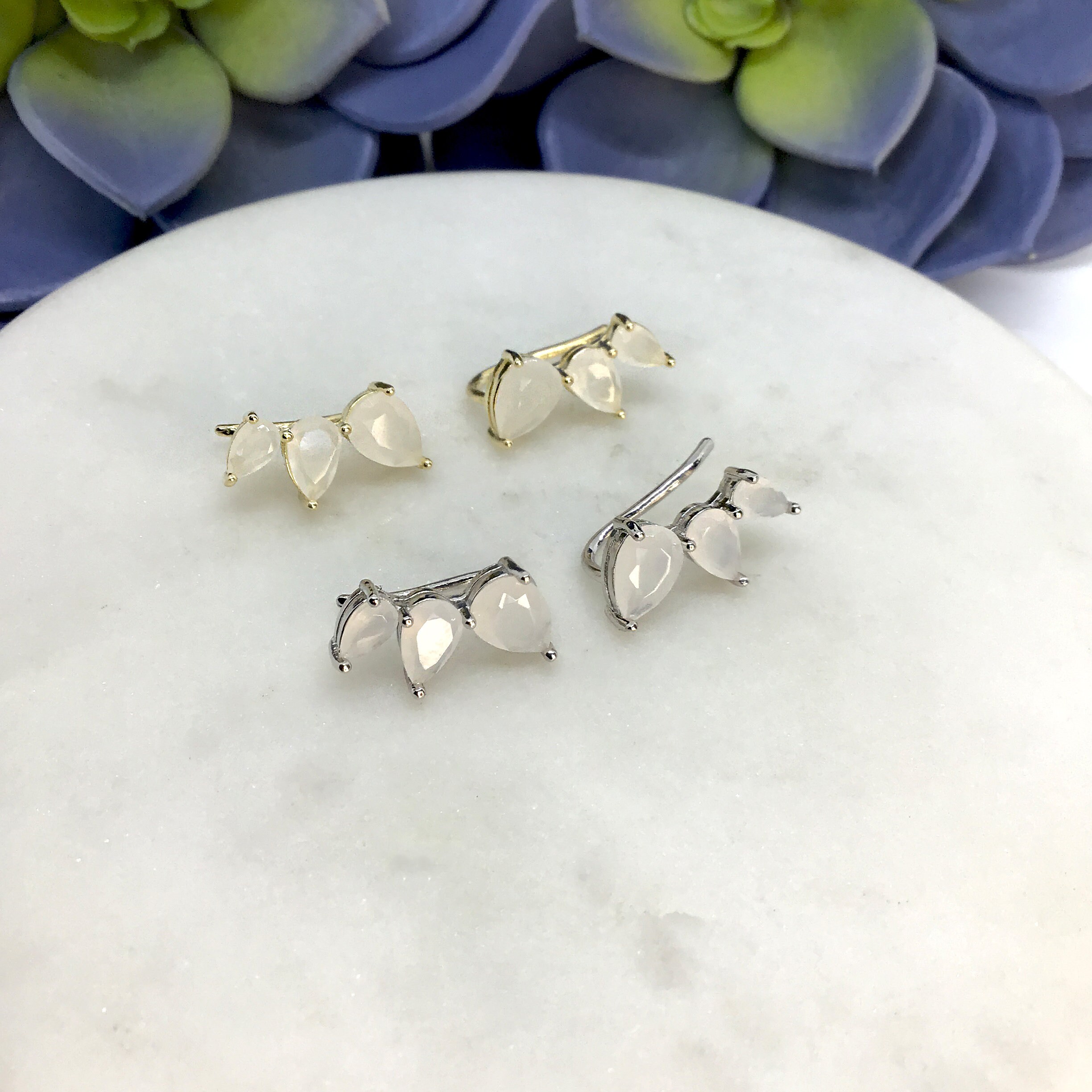 Sterling Silver ear pin White stone ear climber blue stone