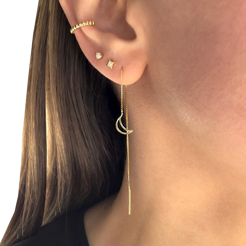 Sterling Silver Moon Threader Earrings Ear Threader Moon Etsy